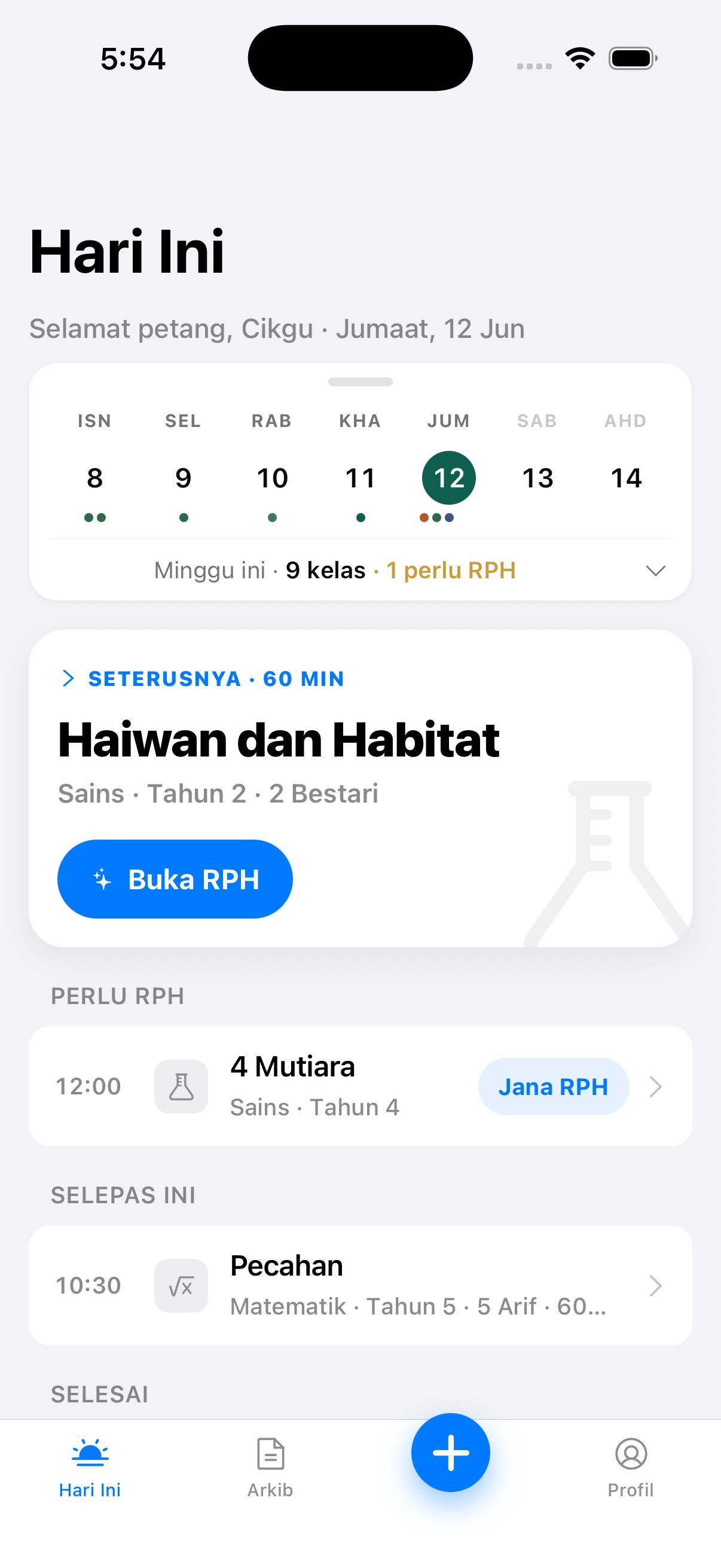 Skrin Hari Ini dalam Cigu — jadual kelas hari ini dengan status RPH setiap kelas