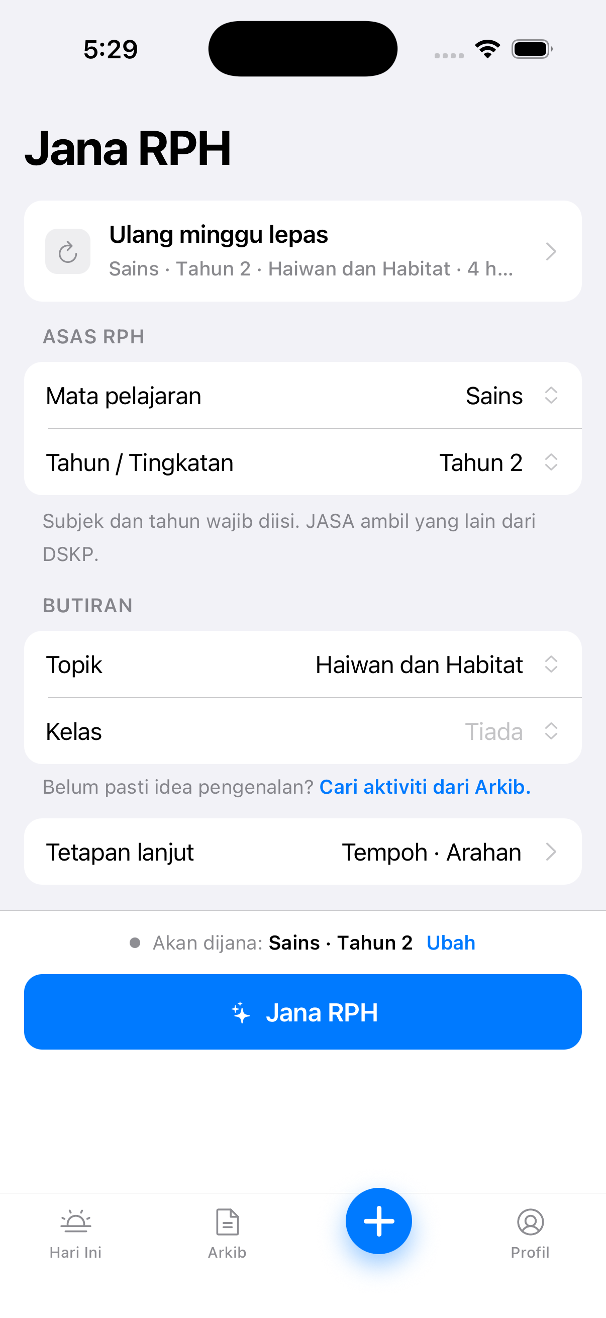 Skrin Jana RPH — pilih mata pelajaran, tahun dan tajuk