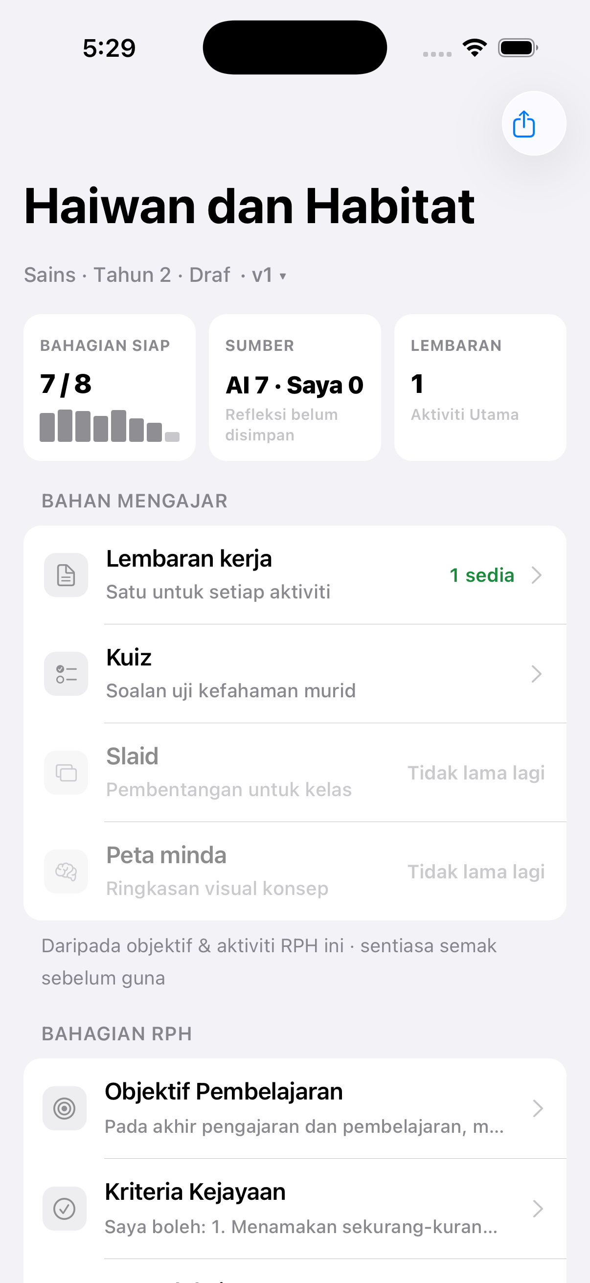 Skrin RPH Haiwan dan Habitat — 7 daripada 8 bahagian siap, dengan Bahan Mengajar